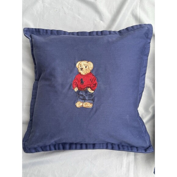 2 Ralph Lauren Polo Embroidered Sweater Bear Pillows With Down Inserts Blue READ - Picture 1 of 15